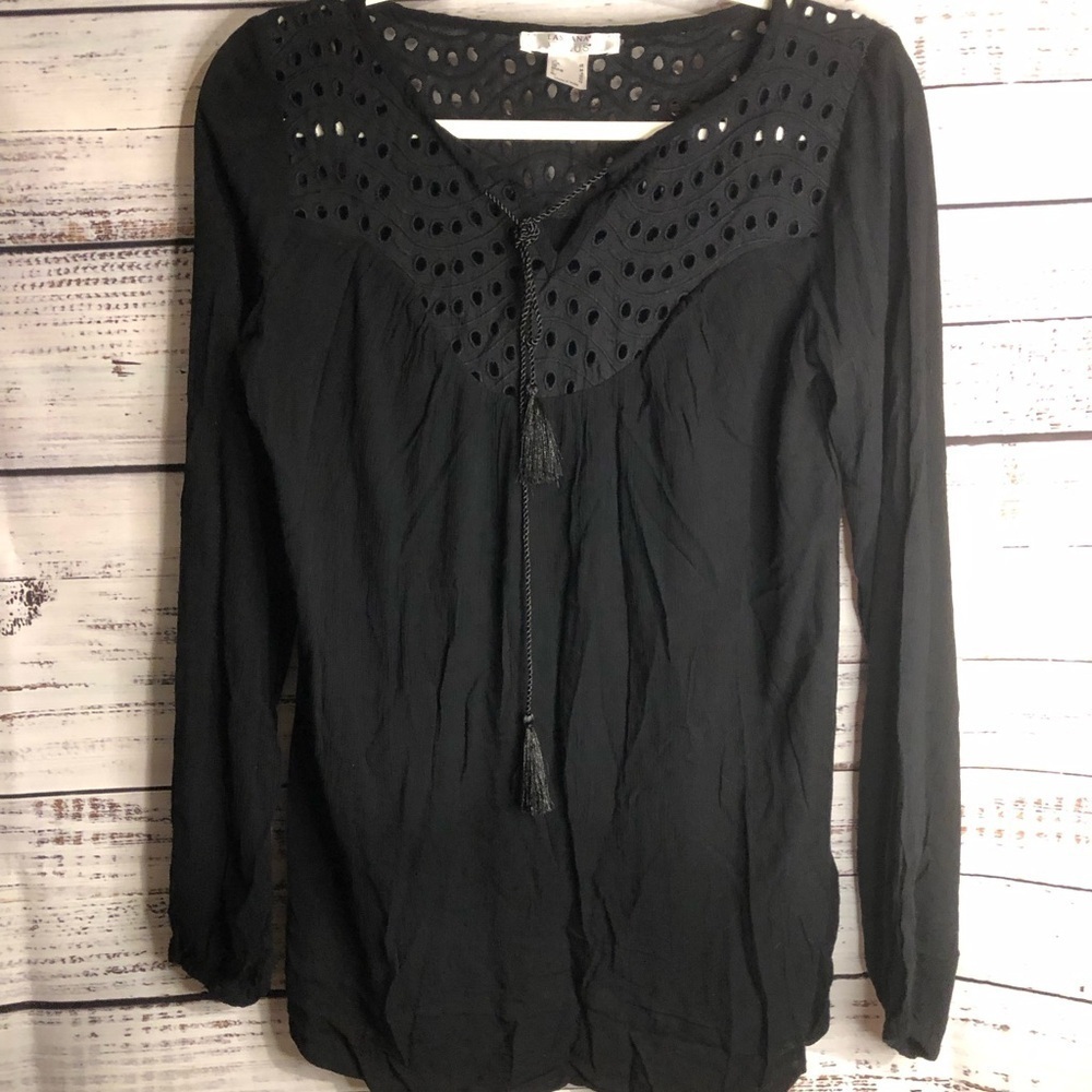 VENUS Black Blouse with Tie Front Embellished Bib Collar